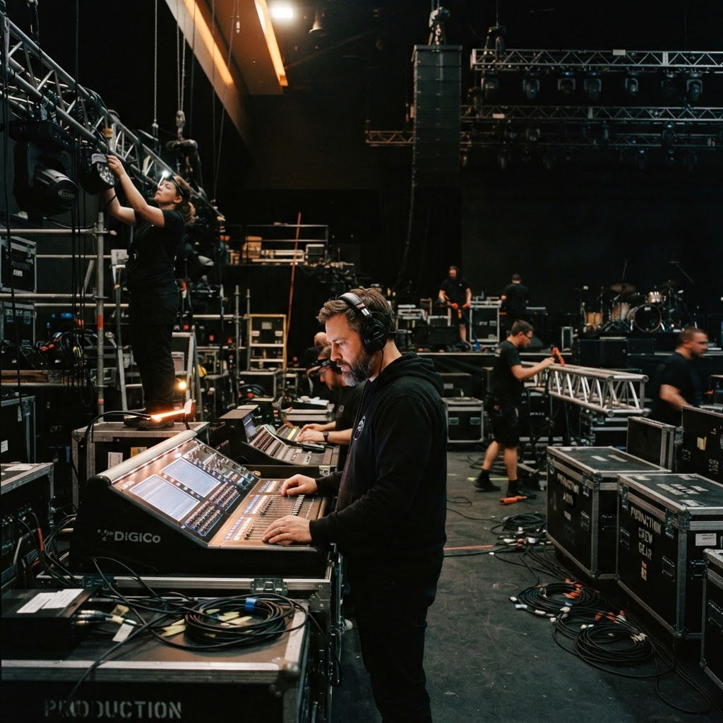 Behind-the-scenes production crew setting up equipment