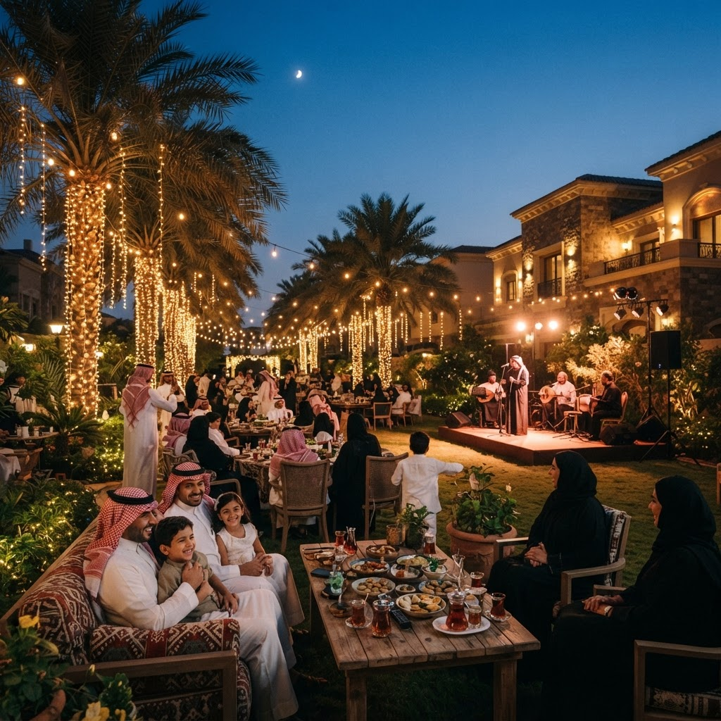 Outdoor residential compound event at dusk with string lights