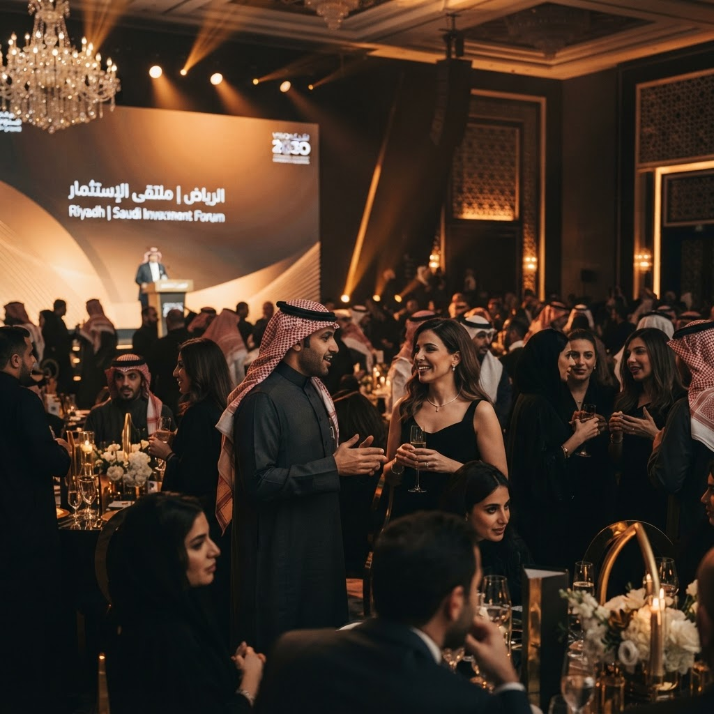 Corporate gala event with warm stage lighting and formal guests