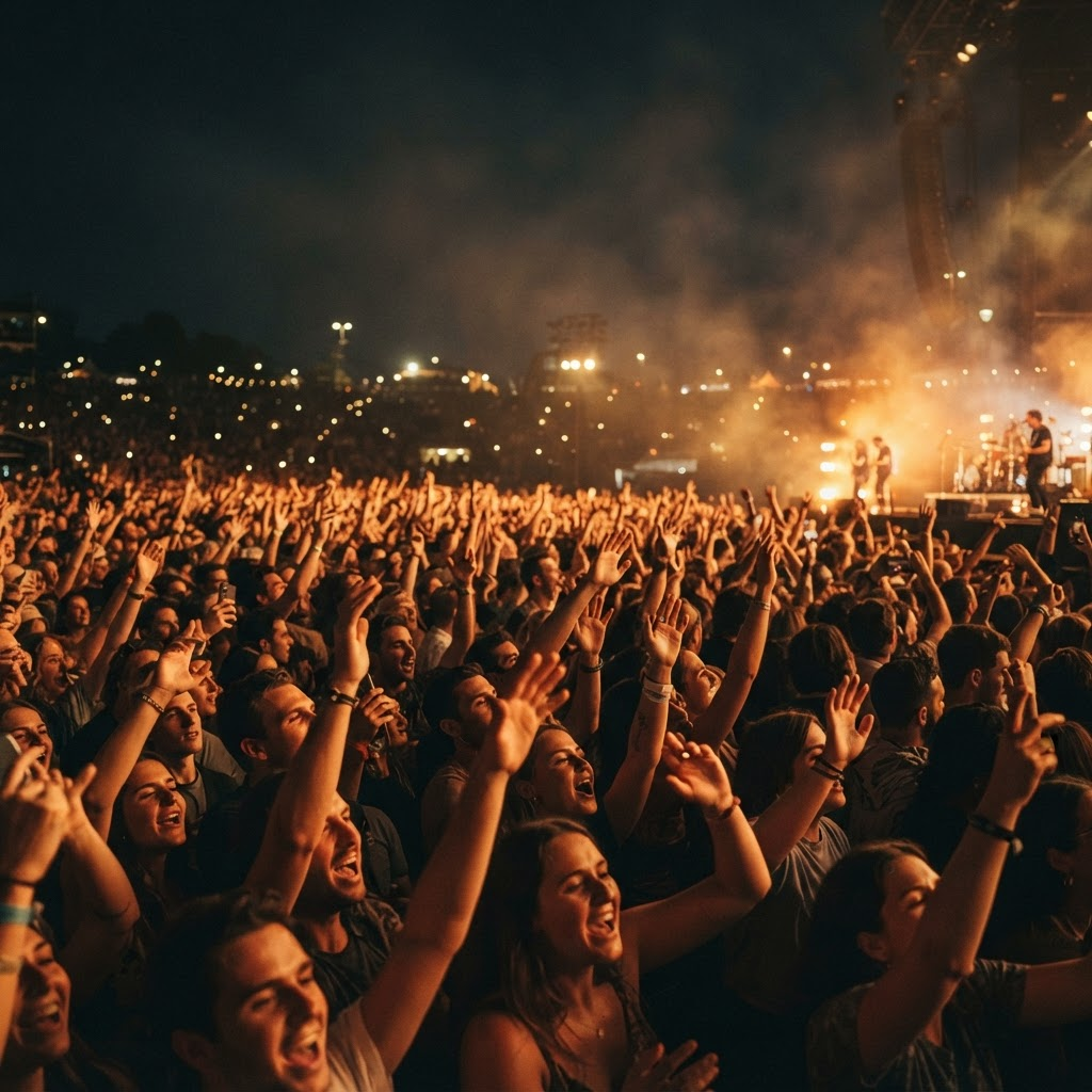 Enthusiastic crowd at an evening entertainment event