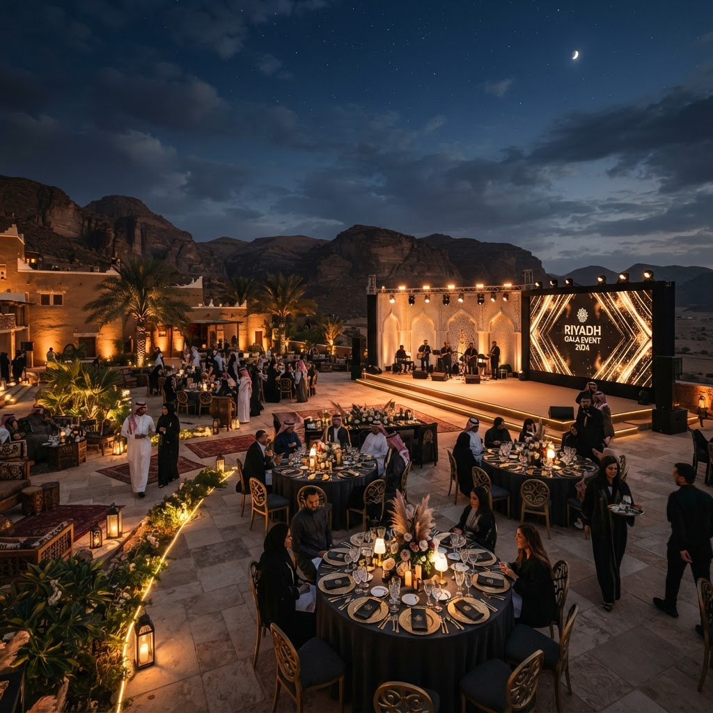 Luxurious outdoor evening event setup at dusk