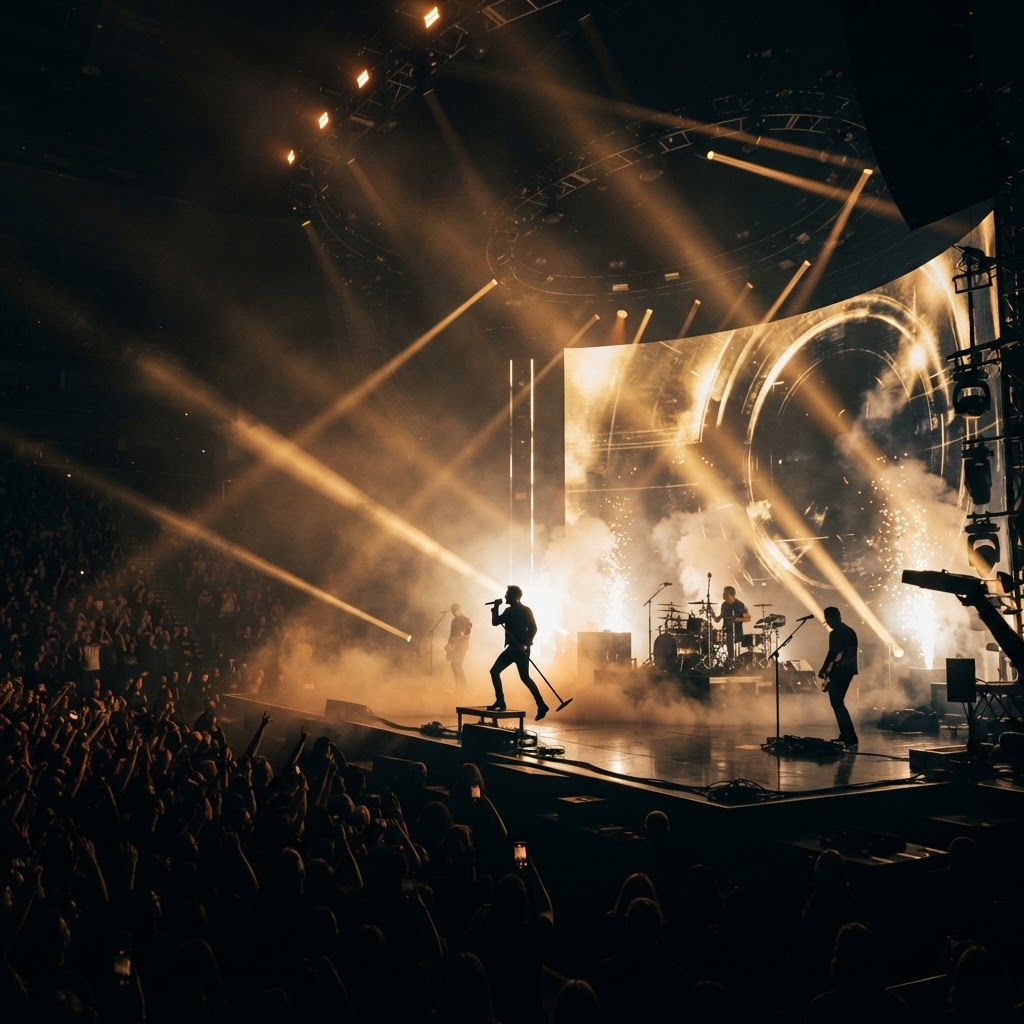 Dramatic concert stage production with lighting beams